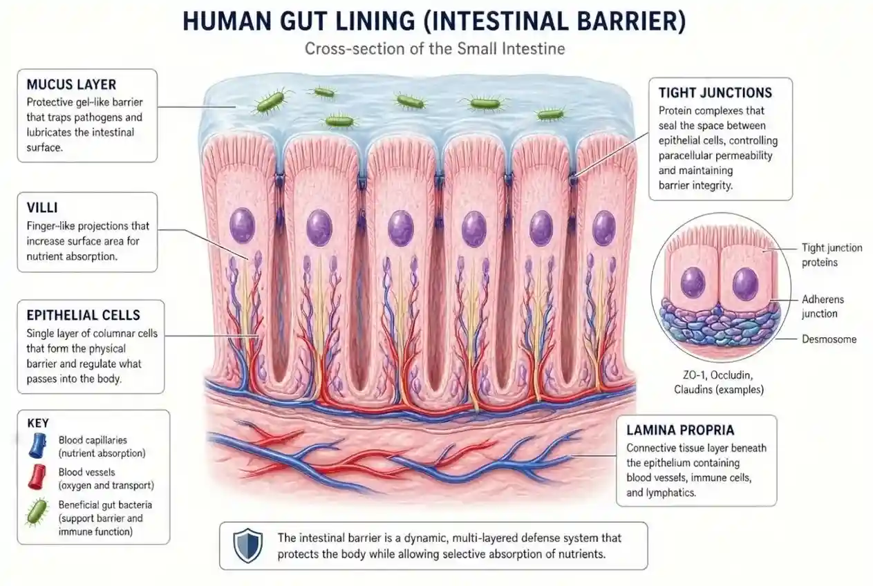 Cross-section diagram of the human gut lining (intestinal barrier) showing the mucus layer, villi, epithelial cells, tight junctions and lamina propria