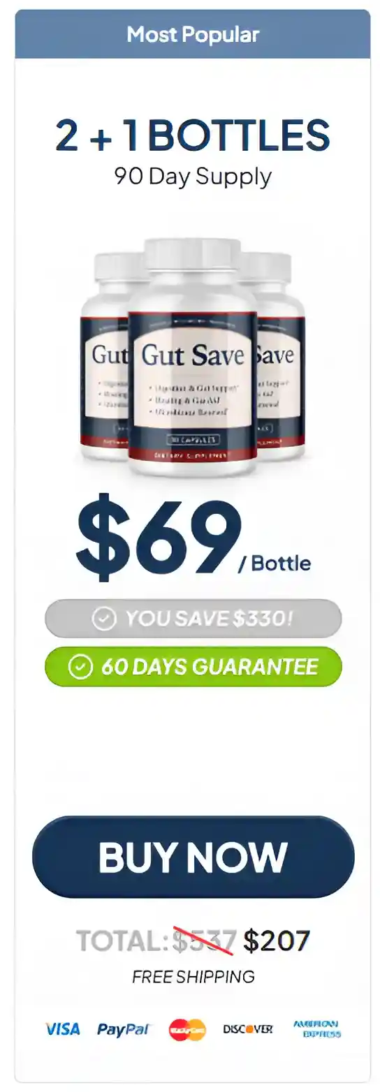 GutSave 3 bottles, most popular, 90-day supply, $69 per bottle