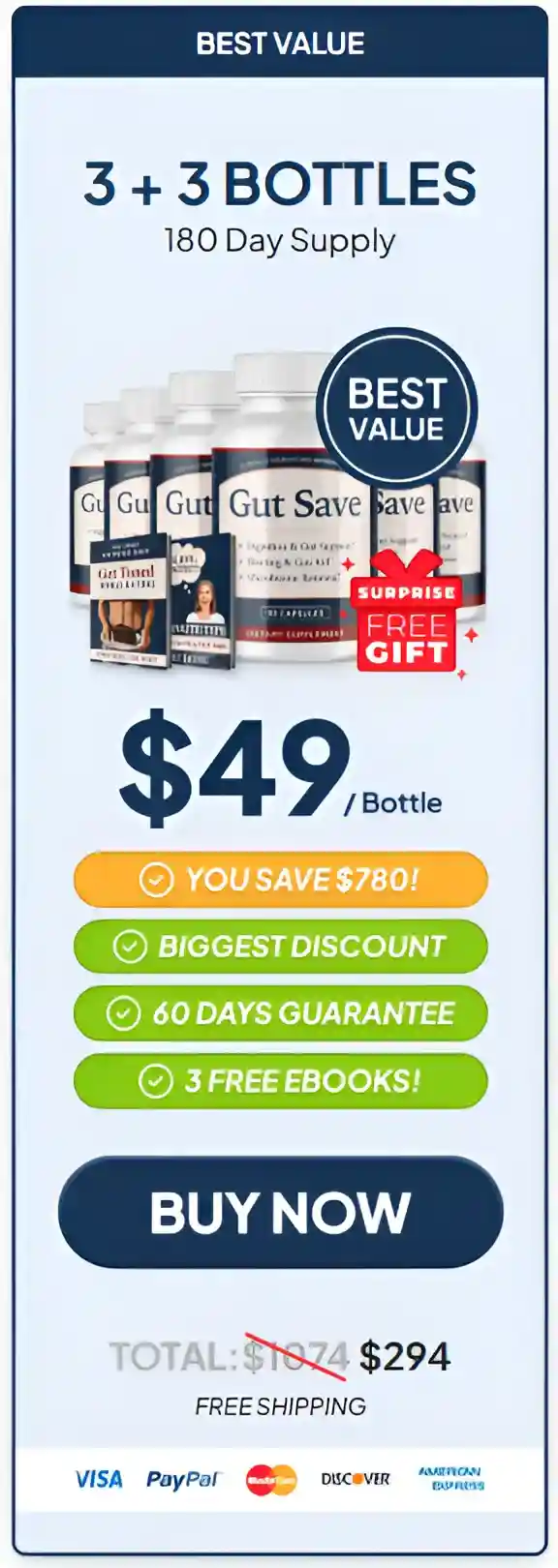 GutSave 6 bottles, best value, 180-day supply, $49 per bottle