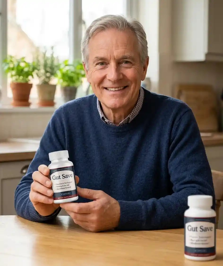 A smiling man at his kitchen table holding a bottle of GutSave